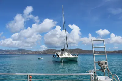 Catamaran heading out towards the open estuary