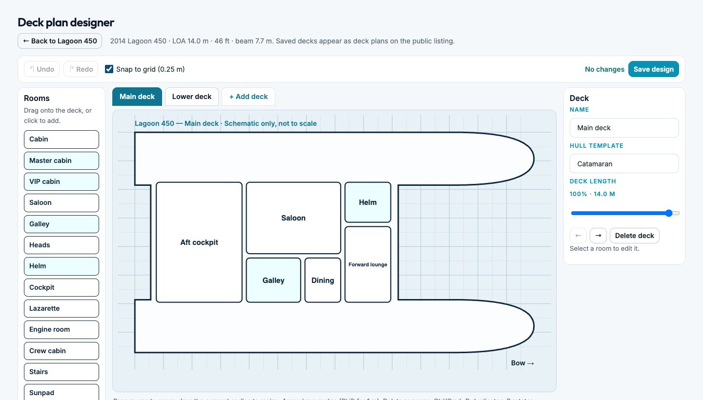 Screenshot: the deck plan designer with rooms placed on a catamaran hull