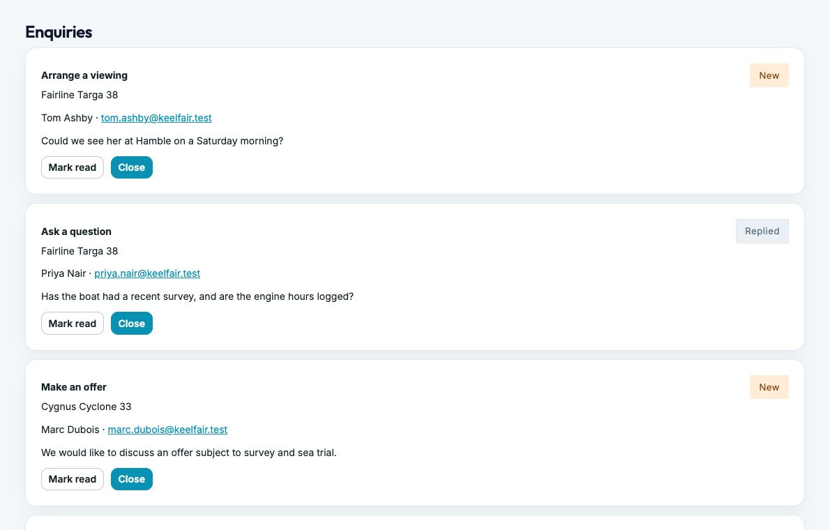 Screenshot: the brokerage enquiries inbox