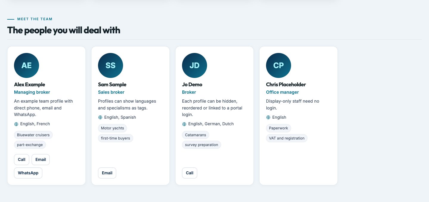 Screenshot: the team section of the demo brokerage page