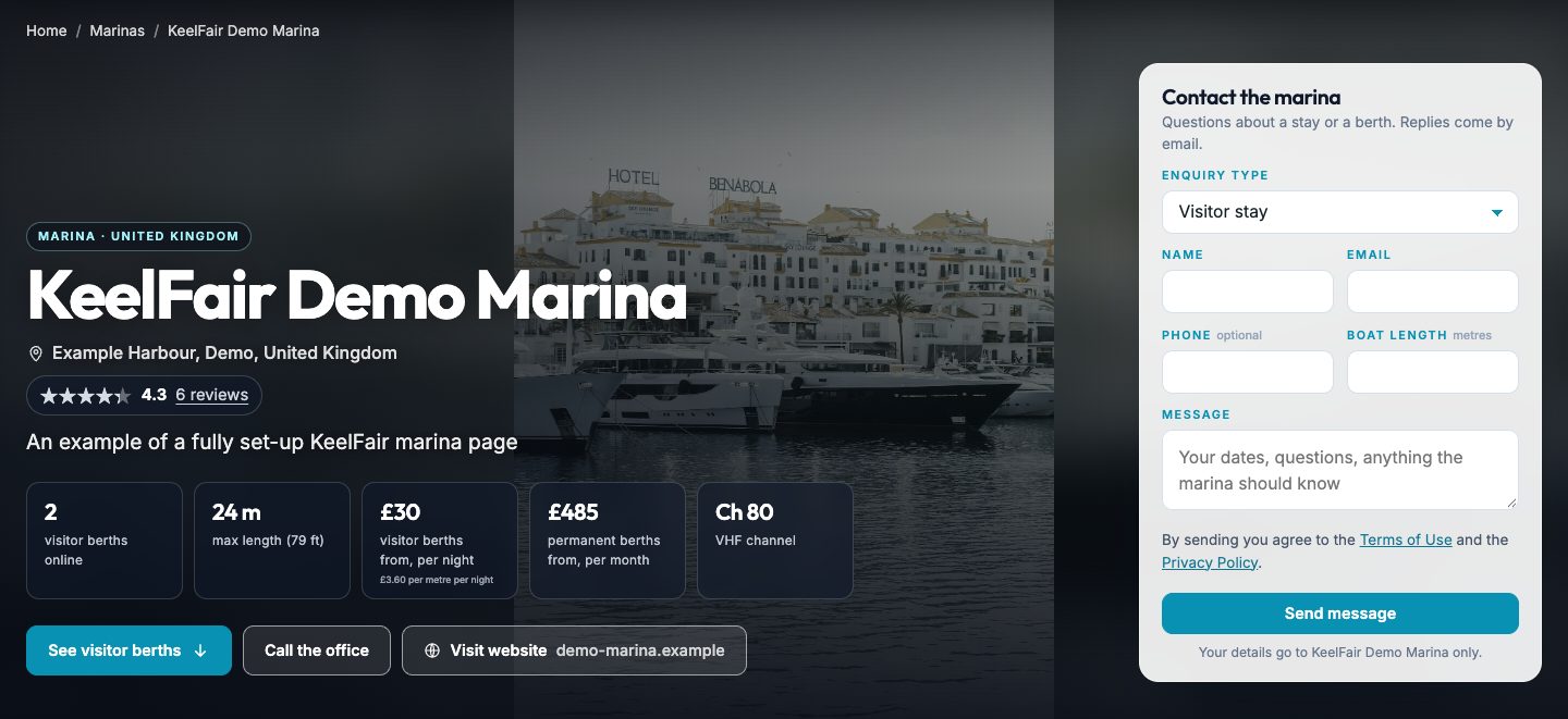 Screenshot: the demo marina page hero with photos, key facts and the contact form