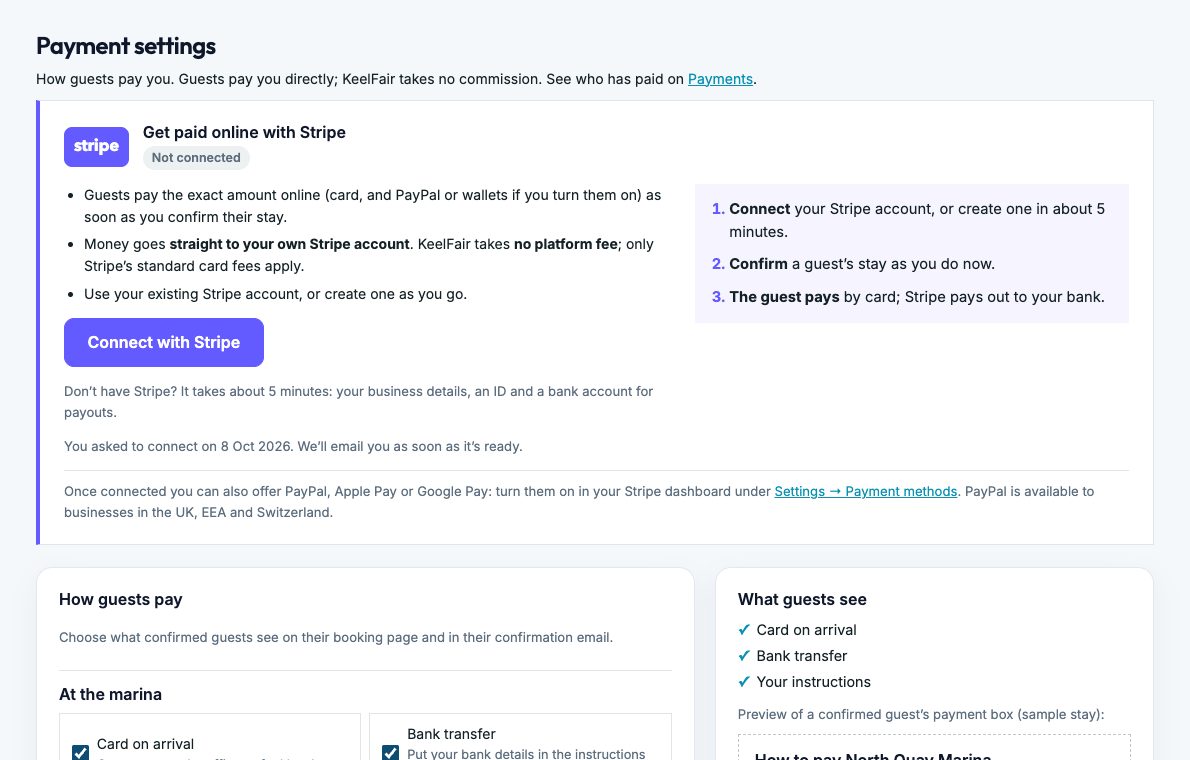 Screenshot: payment settings with Stripe Connect and other ways guests pay