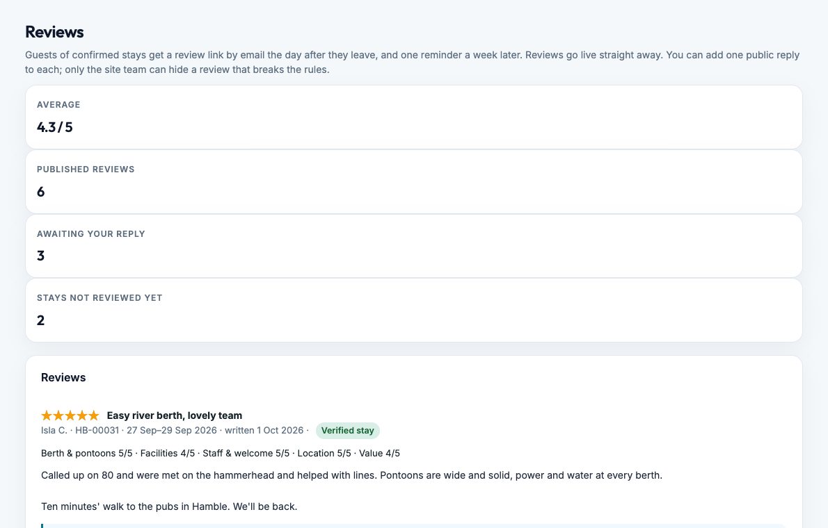 Screenshot: guest reviews in the marina portal, ready for a public reply