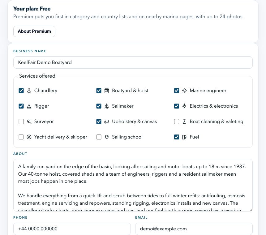 Screenshot: the listing editor where owners update details, photos and opening hours