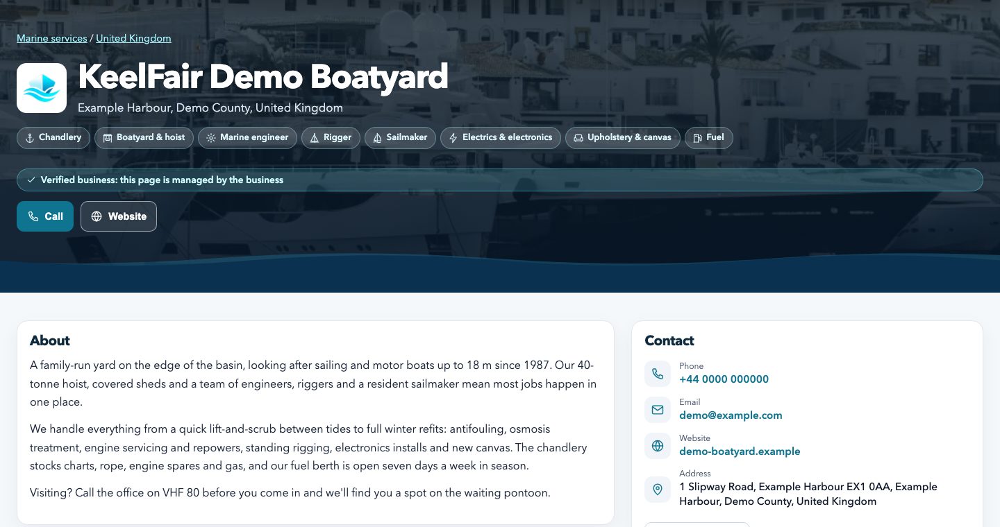 Screenshot: the example marine service page with logo, photos, opening hours and contact details
